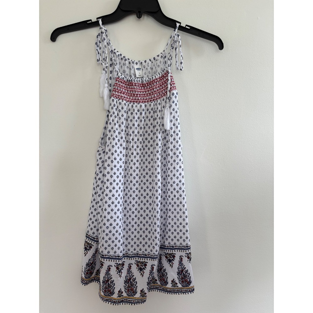 Old Navy Women Boho Paisley Smocked Tie Shoulder Tassel Shift Dress White Blue L